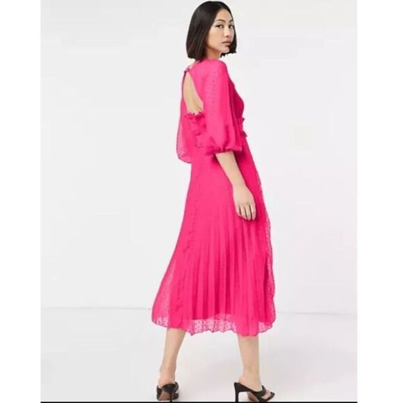 ASOS DESIGN Textured Pleated Shirred Midi Dress Hot Pink size 0 Smocked - Picture 3 of 11